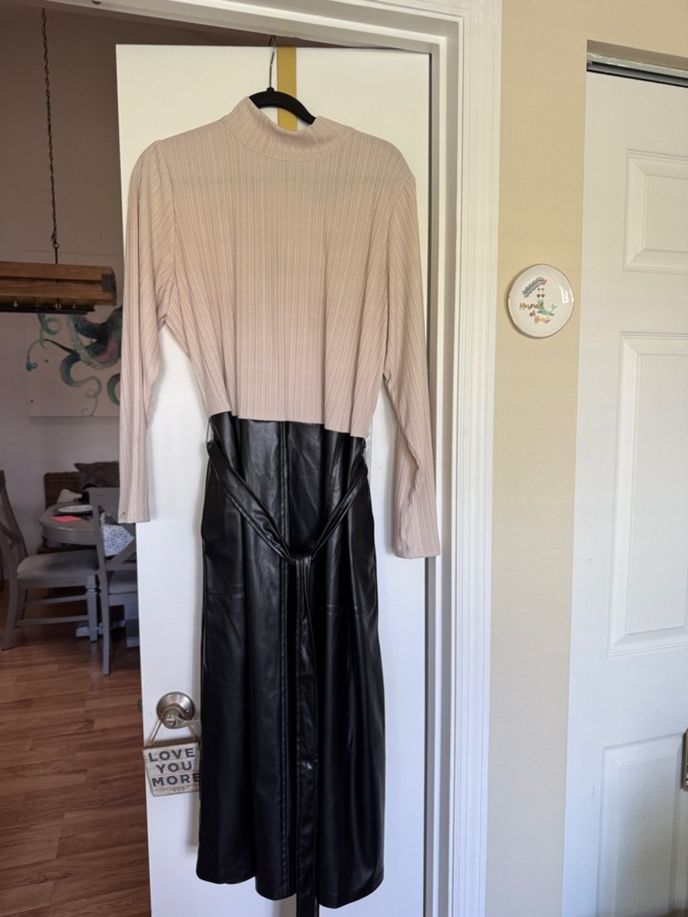 Long Sleeve Two-Tone Faux Leather Midi Dress in Beige and Black
